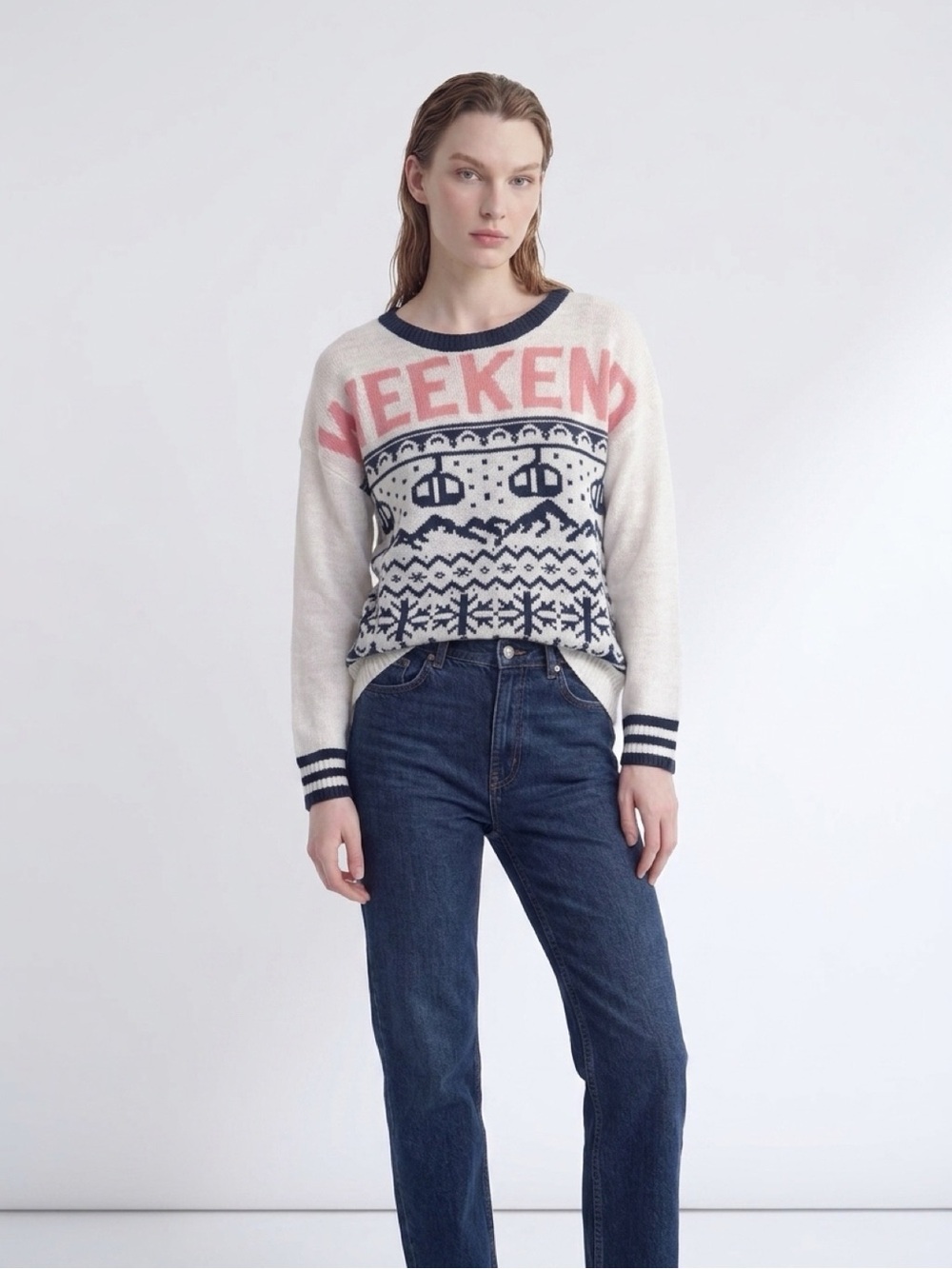 Simply Southern Cream Sweater with Navy and Coral 'WEEKEND' Knit